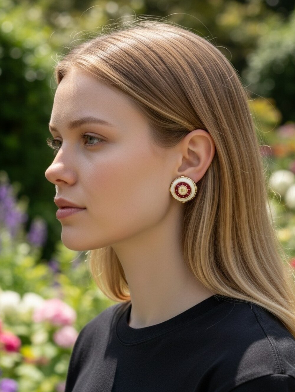 Gold and Red Round Statement Earrings - Women Jewelry - Picture 1 of 3